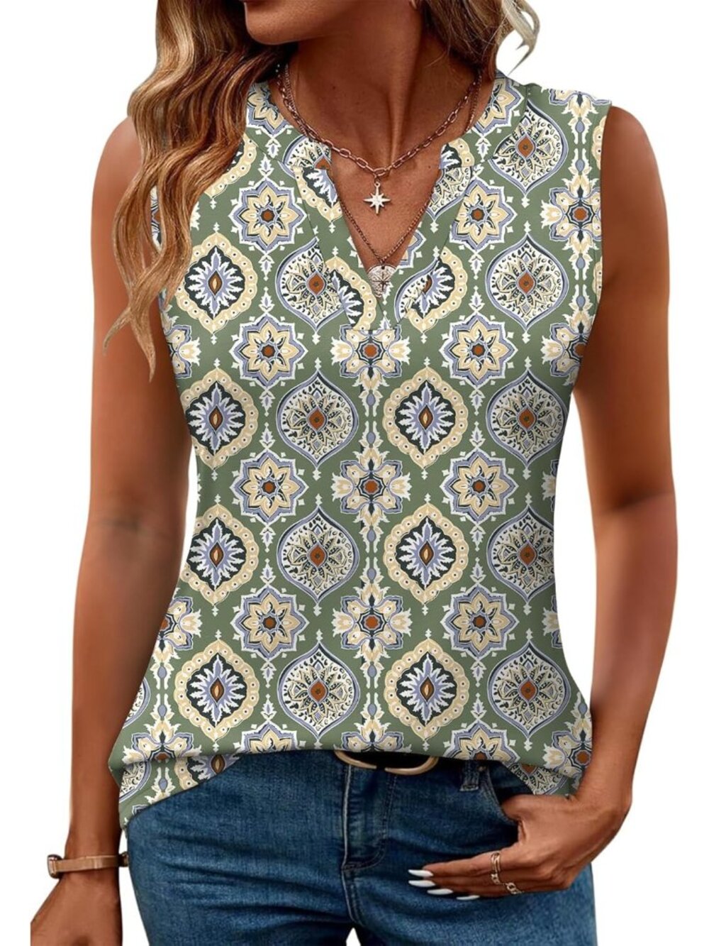 Women's Green Geometric Sleeveless V Neck Shirt Blouses Tunic Imported Tank Tops